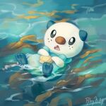  afloat commentary english_commentary fang freckles looking_at_viewer lying no_humans ocean on_back open_mouth oshawott pokemon pokemon_(creature) rileykitty signature solo toes tongue water 
