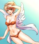  1girl angel_wings blonde_hair breasts breath_of_fire breath_of_fire_iii earrings green_eyes hairband hamamuraacca highres jewelry looking_at_viewer navel nina_(breath_of_fire_iii) open_mouth short_hair simple_background solo swimsuit white_wings wings 