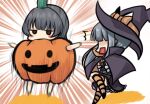  2girls arare_(kancolle) black_dress black_hair brown_eyes dress dress_shirt hat kantai_collection kasumi_(kancolle) kneehighs long_hair long_sleeves makura_(user_jpmm5733) multiple_girls open_mouth pinafore_dress pumpkin_costume shirt short_hair silver_hair striped striped_legwear surprised white_shirt witch_hat 