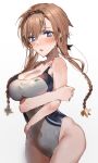  1girl arms_under_breasts black_hairband blue_eyes blush braid breasts brown_hair cleavage clothes_writing collarbone competition_swimsuit crossed_arms hair_between_eyes hair_ornament hairband highres inusaka kantai_collection large_breasts long_hair looking_at_viewer multicolored_hair one-piece_swimsuit propeller_hair_ornament simple_background solo swimsuit teruzuki_(kancolle) twin_braids two-tone_hair upper_body white_background 