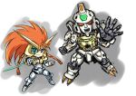  1boy blue_eyes chibi clenched_hand cyborg floating_hair gaigar highres holding holding_knife knife long_hair mecha monocle north_abyssor open_hand orange_hair shishiou_gai sketch smile v-fin yuusha_ou_gaogaigar yuusha_series 