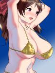  1girl ahoge alternate_costume armpits arms_up bangs bikini blue_sky blush bow breasts brown_hair cropped_arms cropped_torso day gold_bikini hair_ornament hair_ribbon hairclip highres igarasy kantai_collection large_breasts looking_to_the_side mamiya_(kancolle) navel open_mouth parted_bangs red_bow red_eyes ribbon simple_background sky smile swimsuit wavy_hair 