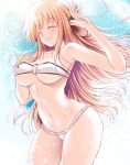  1girl andrew_(duel_angel) armpits arms_up bangs bikini bikini_bottom blonde_hair blue_sky breasts closed_eyes closed_mouth covered_nipples day duel_monster eyebrows_visible_through_hair fingers green_eyes hair_ornament hands highres long_hair navel sky sky_striker_ace_-_raye smile swimsuit thighs yu-gi-oh! 