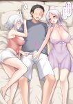  1boy 2girls areolae babydoll blue_eyes breasts bulge closed_eyes covered_nipples erection erection_under_clothes highres ikura_nagisa large_breasts long_hair lying male_underwear medium_hair multiple_girls on_back on_side original pillow purple_babydoll silver_hair speech_bubble translation_request underwear yandere 