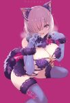  1girl animal_ear_fluff animal_ears artist_name bangs black_nails breasts claw_pose cleavage commentary cosplay cropped_legs eyebrows_visible_through_hair fang fang_out fate/grand_order fate_(series) fur-trimmed_gloves fur-trimmed_legwear fur_trim gloves hair_over_one_eye halloween_costume highres lace-trimmed_legwear lace_trim large_breasts light_purple_hair looking_at_viewer mash_kyrielight mash_kyrielight_(dangerous_beast) mash_kyrielight_(dangerous_beast)_(cosplay) naopy pink_background purple_eyes purple_gloves purple_legwear purple_tail revealing_clothes short_hair smile solo tail thighs wolf_ears wolf_tail 
