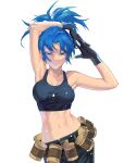  1girl armpits arms_behind_head bangs bare_shoulders belt black_gloves black_tank_top blue_eyes blue_hair earrings ffffcoffee gas_can gloves jewelry leona_heidern looking_at_viewer midriff military navel pants ponytail solo tank_top the_king_of_fighters the_king_of_fighters_xiii triangle_earrings 