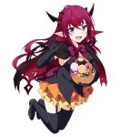  1girl :d bangs black_cape black_footwear black_legwear blue_eyes braid cape claw_pose elbow_gloves fangs felutiahime frilled_skirt frills full_body gloves halloween halloween_bucket heterochromia highres hololive hololive_english horns irys_(hololive) layered_skirt long_hair multicolored_hair multiple_horns open_mouth pink_hair pointy_ears purple_eyes red_cape red_hair simple_background skirt smile solo strapless thigh_strap tube_top twin_braids two-sided_cape two-sided_fabric vampire virtual_youtuber white_background 