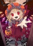  1girl :d adapted_costume animal basket bat blonde_hair buttons candy cat crystal dress flandre_scarlet food foreshortening full_moon halloween halloween_bucket hat highres holding holding_basket long_hair looking_at_viewer mob_cap moon one_side_up open_mouth pointy_ears puffy_short_sleeves puffy_sleeves pumpkin reaching_out red_dress red_eyes red_footwear sharp_teeth short_sleeves signature skeleton slit_pupils smile solo teeth touhou toutenkou white_legwear wings 