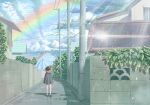  1girl blue_skirt blue_umbrella brown_footwear brown_hair cloud cloudy_sky commentary_request day highres holding house kake_(kakelele) kneehighs long_hair long_sleeves mirror orange_shirt original plant rain rainbow scenery shirt shoes skirt sky solo sunlight tree umbrella wall water_drop white_legwear 