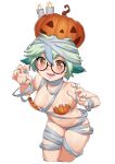  1girl absurdres bandages blush breasts candle carbon12th collarbone eyebrows_visible_through_hair fangs genshin_impact glasses green_hair hair_between_eyes halloween halloween_costume highres jack-o&#039;-lantern looking_at_viewer naked_bandage navel nude open_mouth orange_eyes pumpkin ribbon shiny shiny_skin short_hair small_breasts solo sucrose_(genshin_impact) transparent_background 