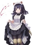  1girl :d apron armadillo_ears armadillo_tail bangs bare_arms black_dress black_hair black_legwear blood blood_spray blunt_bangs blush clothes_lift dress dress_lift feet_out_of_frame furrowed_brow giant_armadillo_(kemono_friends) hands_up highres kemono_friends knee_pads kosai_takayuki lifted_by_self light_blush maid maid_apron maid_headdress medium_hair official_alternate_costume pale_skin pantyhose puffy_short_sleeves puffy_sleeves purple_eyes shiny shiny_hair short_sleeves simple_background smile solo standing tail thigh_gap white_apron white_background 