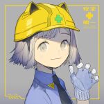  1girl animal_ears animal_ears_helmet bangs black_necktie blue_shirt blush cat_ears claw_pose closed_mouth fujie-yz gloves grey_eyes grey_hair helmet highres looking_at_viewer necktie original portrait shirt short_hair solo white_gloves yellow_headwear 