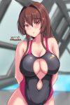  1girl arms_behind_back black_swimsuit blurry blurry_background blush breasts brown_hair cleavage cleavage_cutout clothing_cutout commentary competition_swimsuit curious dated eyebrows_visible_through_hair hair_between_eyes hair_ornament hairclip highres kantai_collection large_breasts long_hair montemasa navel one-hour_drawing_challenge one-piece_swimsuit open_mouth orange_eyes ponytail pool rei_no_pool solo stomach_cutout swimsuit twitter_username yamato_(kancolle) 