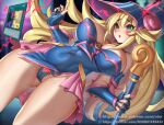  1girl bare_shoulders blonde_hair blush blush_stickers breasts change_of_heart cleavage dark_magician_girl duel_monster fingerless_gloves gloves hat hypnosis large_breasts long_hair mind_control niur pubic_tattoo solo symbol-shaped_pupils tattoo very_long_hair wand yu-gi-oh! 