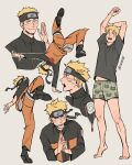  1boy alternate_hairstyle animal_print black_shirt blue_eyes blush casual collage cropped_torso etceteraart facial_mark forehead_protector frog_print full_body grey_male_underwear hand_gesture highres kunai looking_at_viewer male_focus male_underwear naruto:_the_last naruto_(series) ninja no_pants orange_pants pants print_male_underwear shirt short_hair stretch underwear uzumaki_naruto weapon whisker_markings 