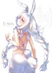  1girl animal_ear_fluff animal_ears arm_up ass azur_lane blue_eyes braid breasts character_name fake_animal_ears from_behind hand_on_own_ass highres le_malin_(azur_lane) le_malin_(listless_lapin)_(azur_lane) leotard long_hair looking_back ntk_nartaku pantyhose playboy_bunny rabbit_ears rabbit_tail sideboob silver_hair small_breasts smile solo tail thighs twin_braids twintails very_long_hair white_legwear white_leotard wrist_cuffs 