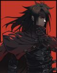  1boy belt bl4ck_choco black_hair buckle cloak commentary final_fantasy final_fantasy_vii headband highres long_hair looking_ahead messy_hair pale_skin red_background red_eyes vincent_valentine 