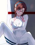  1girl arm_across_chest ass_visible_through_thighs bangs blue_eyes blush bodysuit breasts brown_hair closed_mouth commentary covered_navel evangelion:_3.0+1.0_thrice_upon_a_time eyebrows_visible_through_hair glasses hairband highres indoors long_hair looking_at_viewer makinami_mari_illustrious medium_breasts neon_genesis_evangelion on_floor plugsuit rebuild_of_evangelion red-framed_eyewear rimless_eyewear sitting smile solo thighs tongue tongue_out twintails white_bodysuit yakisobaosu 