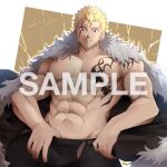  1boy abs bara bare_pectorals black_pants blonde_hair bulge chest_tattoo clothes_pull commission cowboy_shot fairy_tail feet_out_of_frame fur-trimmed_jacket fur_trim hachikou_nameko jacket jacket_on_shoulders large_pectorals laxus_dreyar looking_at_viewer male_focus muscular muscular_male navel nipples no_shirt pants pants_pull pectorals pulled_by_self sample short_hair sideburns skeb_commission solo spiked_hair stomach tattoo watermark 