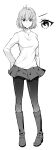  1girl absurdres ahoge alternate_costume arcueid_brunestud azami_masurao bangs boots breasts commentary_request eyebrows_visible_through_hair greyscale hair_between_eyes highres jewelry knee_boots long_sleeves looking_at_viewer medium_breasts monochrome necklace pantyhose short_hair simple_background skirt smile solo sweater tsukihime tsukihime_(remake) turtleneck white_background 