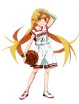  1girl absurdres arm_up ball bandaged_arm bandages bangs basket basketball basketball_jersey basketball_uniform blonde_hair blush_stickers bracelet collarbone cosplay full_body green_bracelet hair_ribbon highres holding holding_ball jewelry kanbaru_suruga kanbaru_suruga_(cosplay) legs_apart long_hair looking_at_viewer low_twintails monogatari_(series) official_art oshino_shinobu pink_ribbon ribbon scan shading_eyes shirt shoes shorts simple_background sleeveless smile sneakers solo sportswear standing twintails very_long_hair watanabe_akio wavy_mouth white_background white_footwear white_shirt white_shorts yellow_eyes 