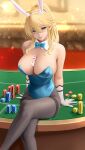  1girl ahoge animal_ears artoria_pendragon_(fate) artoria_pendragon_(lancer)_(fate) asuna_(blue_archive) asuna_(blue_archive)_(cosplay) bangs bare_shoulders between_breasts black_legwear blonde_hair blue_archive blue_bow blue_bowtie blue_eyes blue_leotard blush bow bowtie breasts cleavage closed_mouth commentary_request cosplay crossed_legs detached_collar elbow_gloves eyebrows_visible_through_hair fake_animal_ears fate/grand_order fate_(series) feet_out_of_frame gloves hair_between_eyes hairband highres large_breasts leotard light_particles long_hair looking_at_viewer pantyhose poker_chip poker_table ponytail profile rabbit_ears sidelocks sitting smile solo strapless strapless_leotard thighband_pantyhose very_long_hair white_gloves white_hairband yamaneko_(tkdrumsco) 