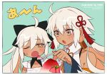  2girls ahoge bangs bare_shoulders bikini bow breasts dark-skinned_female dark_skin dress fate/grand_order fate_(series) feeding food fruit grey_eyes hair_bow long_hair medium_breasts meiji_ken multiple_girls okita_souji_(alter_swimsuit_saber)_(fate) okita_souji_(fate) one_eye_closed open_mouth ponytail rengoku_(fate) shaved_ice strawberry swimsuit tassel very_long_hair white_bikini white_dress white_hair 