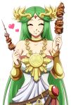  1girl barbecue bracelet breasts circlet cleavage closed_eyes closed_mouth eating food food_on_face forehead forehead_jewel green_hair heart holding holding_food jewelry kid_icarus long_hair mazume necklace palutena simple_background solo toga white_background 