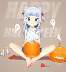 1girl animal_ear_fluff animal_ears aqua_hair bangs bare_legs barefoot blue_eyes blue_hair blue_shorts blunt_bangs blurry blurry_background brown_background butterfly_sitting candle candy cat_ears child chinese_commentary collarbone commentary_request eyebrows_visible_through_hair feet food gawr_gura ghost halloween happy_halloween holding holding_food holding_pumpkin holding_vegetable hololive hololive_english jack-o&#039;-lantern light_blue_hair lit_candle long_hair looking_down mrw multicolored_hair pumpkin sanpaku shorts sidelocks smile solo strap_slip streaked_hair tank_top toes vegetable virtual_youtuber white_tank_top wrinkled_fabric younger 