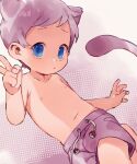  1boy animal_ears bare_arms bare_pectorals bare_shoulders blue_eyes blush child close-up closed_mouth highres looking_at_viewer male_focus navel nipples original pectorals poke_ball pokemon shorts solo tail thebrushking v 