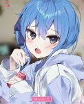  1girl :o alternate_costume bangs blue_eyes blue_hair blush drinking_straw ememo eyebrows_visible_through_hair from_side highres hololive hood hoodie hoshimachi_suisei juice_box open_mouth ponytail portrait recording solo star_(symbol) star_in_eye symbol_in_eye virtual_youtuber white_hoodie 