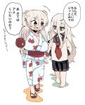  2girls anchor_symbol animal_print barefoot black_sailor_collar black_skirt blue_eyes breasts brown_eyes candy_apple check_translation commentary_request conte_di_cavour_(kancolle) fang fish_print food hibiki_(kancolle) japanese_clothes kantai_collection kimono kokoyashi large_breasts long_hair multiple_girls neckerchief official_alternate_costume open_mouth pleated_skirt red_neckerchief sailor_collar sandals school_uniform serafuku silver_hair skirt translation_request two_side_up white_kimono yukata 