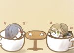  2girls aquila_(azur_lane) aquila_(green_garden_elegant_sadia)_(azur_lane) azur_lane blue_hair chibi cup green_eyes in_container in_cup koti light_brown_hair multiple_girls official_alternate_costume open_mouth red_eyes round_table simple_background teacup trento_(azur_lane) yellow_background 