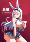  1girl animal_ears ass azur_lane between_legs bikini bikini_bottom bikini_over_clothes black_dress breasts brown_eyes character_name clothes_lift dress hairband hand_between_legs highres leaning_forward lifted_by_self long_hair looking_at_viewer ntk_nartaku rabbit_ears red_bikini shimakaze_(azur_lane) shirt shirt_lift short_dress silver_hair small_breasts smile solo swimsuit swimsuit_over_clothes thighs underboob white_shirt 