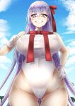  1girl ass_visible_through_thighs bb_(fate) bb_(swimsuit_mooncancer)_(fate) bow bowtie breasts fate/grand_order fate_(series) giant giantess gloves hand_on_hip highres ibara_azuki large_breasts leotard long_hair looking_at_another outdoors palm_tree purple_eyes purple_hair size_difference solo_focus tree under_clothes very_long_hair white_gloves white_leotard 