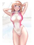  1girl arms_behind_head breasts brown_eyes commentary_request competition_swimsuit cowboy_shot indoors large_breasts light_brown_hair looking_at_viewer mashinatsu multicolored_clothes multicolored_swimsuit one-piece_swimsuit original pool rei_no_pool short_hair solo swimsuit turtleneck white_swimsuit 