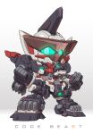  blue_eyes chibi clenched_hands code_beast copyright_name glowing glowing_eyes hundred_edge mecha no_humans solo standing susagane v-fin 