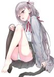  1girl arm_support ass bangs barefoot black_legwear black_skirt blush cardigan crossed_bangs eyelashes feet full_body grey_cardigan grey_eyes grey_hair hair_ribbon hand_on_own_knee highres legs legwear_removed long_hair looking_at_viewer low_twintails namikishiho no_shoes one_side_up original panties pantyshot pleated_skirt ribbon school_uniform shiny shiny_hair shirt single_thighhigh sitting skirt sleeves_past_wrists solo thighhighs thighs toes twintails underwear white_panties white_shirt 