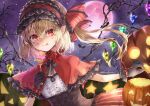  1girl basket black_gloves blonde_hair buttons capelet closed_mouth crystal eyebrows_visible_through_hair flandre_scarlet food fork full_moon gloves hair_between_eyes halloween halloween_costume heart highres holding holding_basket holding_fork jack-o&#039;-lantern long_hair moon one_side_up pointy_ears red_capelet red_eyes red_moon shironeko_yuuki smile solo tongue tongue_out touhou upper_body v-shaped_eyebrows wings 