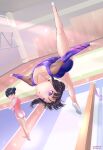  2020 2girls absurdres ass athletic_leotard backflip balance_beam black_hair blue_eyes breasts commentary_request dated from_behind full_body gym gymnastics hair_bun highres himenogi_rinze himeragi_rinze indoors jumping leaning_back leg_up legs leotard long_hair looking_back midair multiple_girls open_mouth outstretched_arms outstretched_leg pink_leotard purple_eyes purple_leotard reco_love reco_love_gold_beach rhythmic_gymnastics shoes small_breasts soles somersault suika_blue thighs towel white_footwear wiping_face 