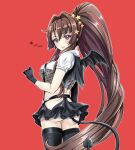  1girl alternate_costume artist_name ass black_gloves black_legwear blush breasts brown_eyes brown_hair cowboy_shot dated demon_tail demon_wings gloves hair_between_eyes highres kantai_collection large_breasts long_hair open_mouth ponytail puffy_short_sleeves puffy_sleeves red_background shirt short_sleeves signature simple_background solo tail thighhighs tk8d32 white_shirt wings yamato_(kancolle) 