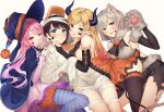  4girls animal_ears aqua_eyes bare_shoulders black_hair black_legwear blonde_hair blush breasts closed_mouth demon_girl demon_horns demon_tail ear_piercing green_eyes grey_eyes grey_hair hair_ornament hairclip halloween_costume hat heterochromia highres himemori_luna hololive horns large_breasts lion_ears lion_girl long_hair looking_at_viewer multicolored_hair multiple_girls oozora_subaru open_mouth piercing pink_hair pointy_ears purple_eyes shishiro_botan short_hair simple_background streaked_hair tail tail_around_leg thighhighs tongue tongue_out virtual_youtuber wavy_hair white_background witch_hat x_hair_ornament yuya_(pixiv37335712) yuzuki_choco 