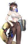 1girl absurdres arknights arm_strap bangs bare_arms bare_shoulders black_hair blue_eyes blue_hair breasts brown_pants camisole cleavage commentary_request cowboy_shot crop_top eugle_na eunectes_(arknights) eunectes_(forgemaster)_(arknights) eyebrows_visible_through_hair gloves gloves_removed highres large_breasts medium_hair midriff multicolored_hair navel official_alternate_costume pants partial_commentary pointy_ears rim_billiton_logo simple_background snake_tail solo spaghetti_strap standing stomach tail white_background 