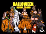  5girls 6+others absurdres animal_ears aqua_hair baggy_pants bags_under_eyes bat_wings between_breasts black_background black_hair black_shorts boots breasts brown_legwear bullpup bunny cleavage cosplay covered_mouth covering_eyes cyborg dark-skinned_female dark_skin dress drone english_text explosive fake_animal_ears fox_ears fox_mask gas_mask ghost_costume green_eyes grenade grenade_launcher gun hair_over_one_eye halloween halloween_costume handgun head_wings headphones high_heel_boots high_heels highres hip_vent holding holding_gun holding_weapon huge_breasts jack-o&#039;-lantern joints little_red_riding_hood_(grimm) little_red_riding_hood_(grimm)_(cosplay) long_hair machine_pistol mask mask_on_head medium_breasts mini_wings multiple_girls multiple_others one_eye_covered open_clothes open_vest orange_eyes orange_pants orange_theme original p90 pants patchwork_skin pistol planted ponytail purple_hair rabbit_ears red_eyes red_hood revealing_clothes robot_joints short_dress short_hair short_shorts shorts shoulder_pads shoulder_spikes side_slit spikes stitches strap_between_breasts submachine_gun suppressor thick_thighs thighs torn_clothes torn_legwear torn_shorts trigger_discipline very_long_hair vest war_hammer weapon wei_(kaminari0411) white_hood wings zipper 