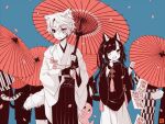  1boy 1girl animal_ears black_hair cat_ears height_difference heterochromia japanese_clothes limited_palette long_hair looking_to_the_side oil-paper_umbrella open_mouth original short_hair smile tail torimomu umbrella white_hair 
