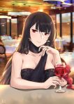  1girl absurdres alternate_costume alternate_hair_color alternate_hairstyle black_hair breasts chair cup drinking_glass earrings girls&#039;_frontline hair_down highres jewelry large_breasts long_hair red_eyes restaurant ring solo stigmamyu table wa2000_(girls&#039;_frontline) wedding_band 