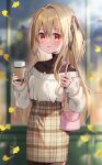  1girl :d bag bangs black_legwear blurry blurry_background blush brown_hair brown_skirt coffee_cup cup depth_of_field disposable_cup eyebrows_visible_through_hair ginkgo_leaf hair_between_eyes handbag highres holding holding_cup jewelry long_hair long_sleeves meito_(maze) off-shoulder_sweater off_shoulder one_side_up original pantyhose pendant plaid plaid_skirt puffy_long_sleeves puffy_sleeves red_eyes shoulder_bag single_hair_intake skirt sleeves_past_wrists smile solo sweater very_long_hair white_sweater 