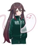  1girl alternate_costume brown_hair closed_eyes genshin_impact ghost hands_in_pockets highres hu_tao_(genshin_impact) jacket long_sleeves nyori pants red_eyes shirt simple_background smile solo squid_game symbol-shaped_pupils track_jacket track_pants track_suit twintails white_background white_shirt 