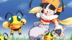  1girl :d antennae bandana bee belt black_belt black_eyes black_gloves black_hair blue_sky bug chain cloud commentary_request day denim dragon_ball dragon_ball_gt fingerless_gloves flying fur_collar fur_gloves gloves jeans orange_bandana pan_(dragon_ball) pants red_shirt rom_(20) shirt short_hair short_sleeves sky smile solo wings 