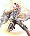  1girl absurdres animal_ear_fluff animal_ears arknights arm_strap arm_up armor armpits belt black_belt black_gloves black_shorts blonde_hair breasts coat commentary_request dun_ji foot_out_of_frame gloves greaves highres large_breasts nearl_(arknights) nearl_the_radiant_knight_(arknights) official_alternate_costume shorts single_sleeve solo tail transparent_background white_coat yellow_eyes 